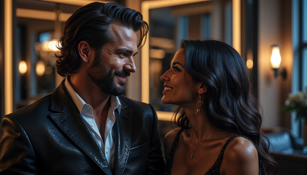 Ein bärtiger Mann im dunklen Sakko und eine lächelnde Frau blicken sich in einer Bar tief in die Augen.