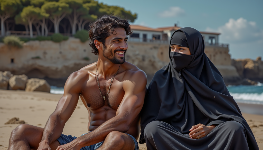 Muskulöser Mann und eine verschleierte Frau sitzen gemeinsam an einem Strand.