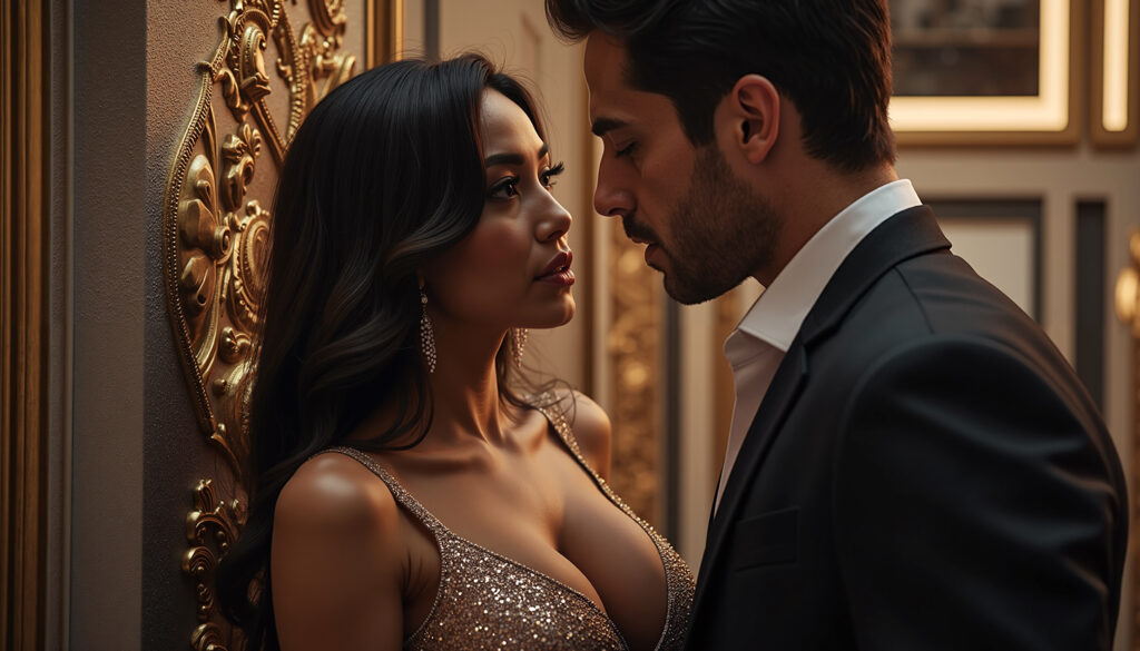 Ein Mann im dunklen Anzug und eine Frau im Abendkleid stehen eng beieinander.