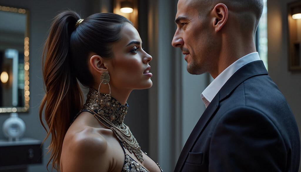 Eine Frau mit Zopf und ein Mann im Anzug blicken sich aus kürzester Distanz intensiv in die Augen.