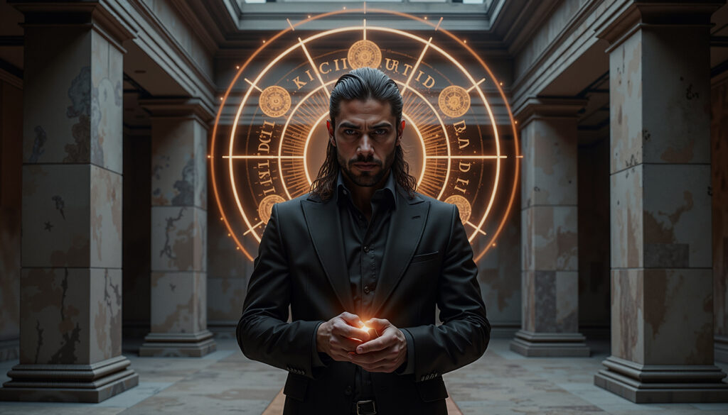 Ein Mann mit langen dunklen Haaren steht in einem antiken Steingang, hinter seinem Kopf leuchtet ein komplexes, kreisförmiges Diagramm aus Licht.